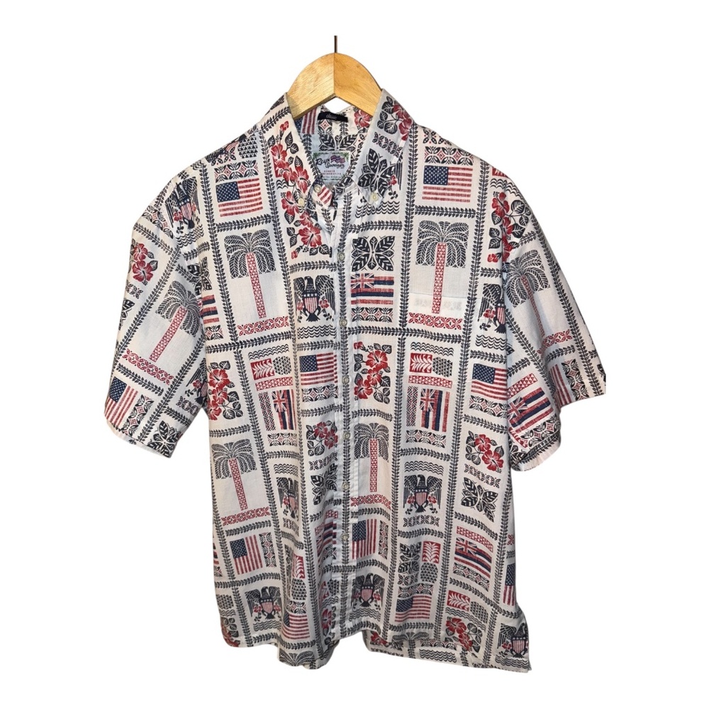 Reyn Spooner Hawaii Flag Limited Patriotic Shirt M Palm Trees Hibiscus